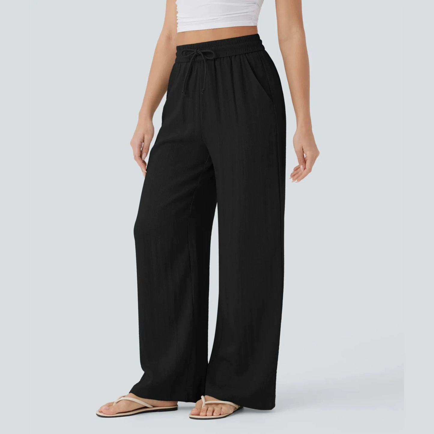 High Waisted Drawstring Wide-Leg Linen Pants