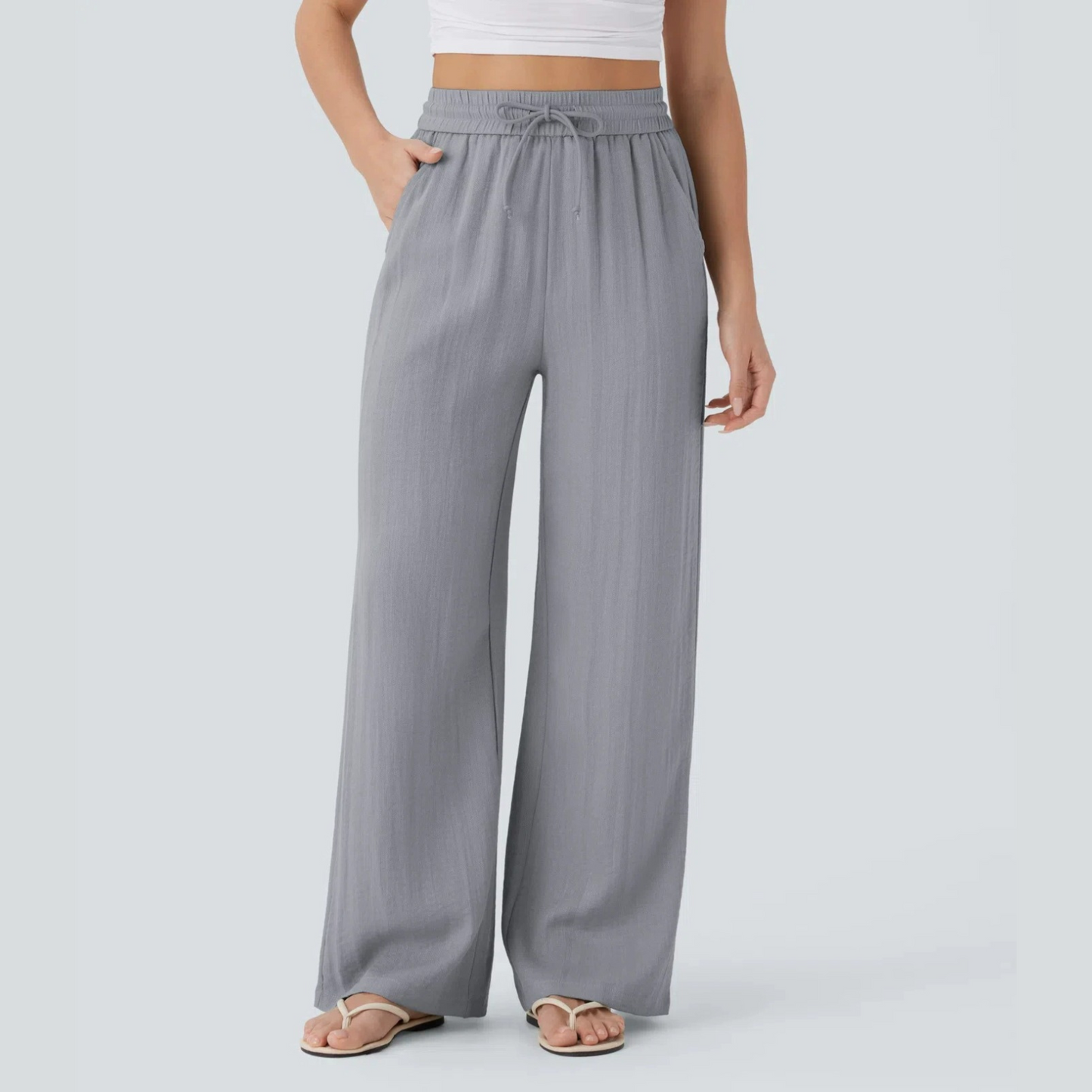 High Waisted Drawstring Wide-Leg Linen Pants