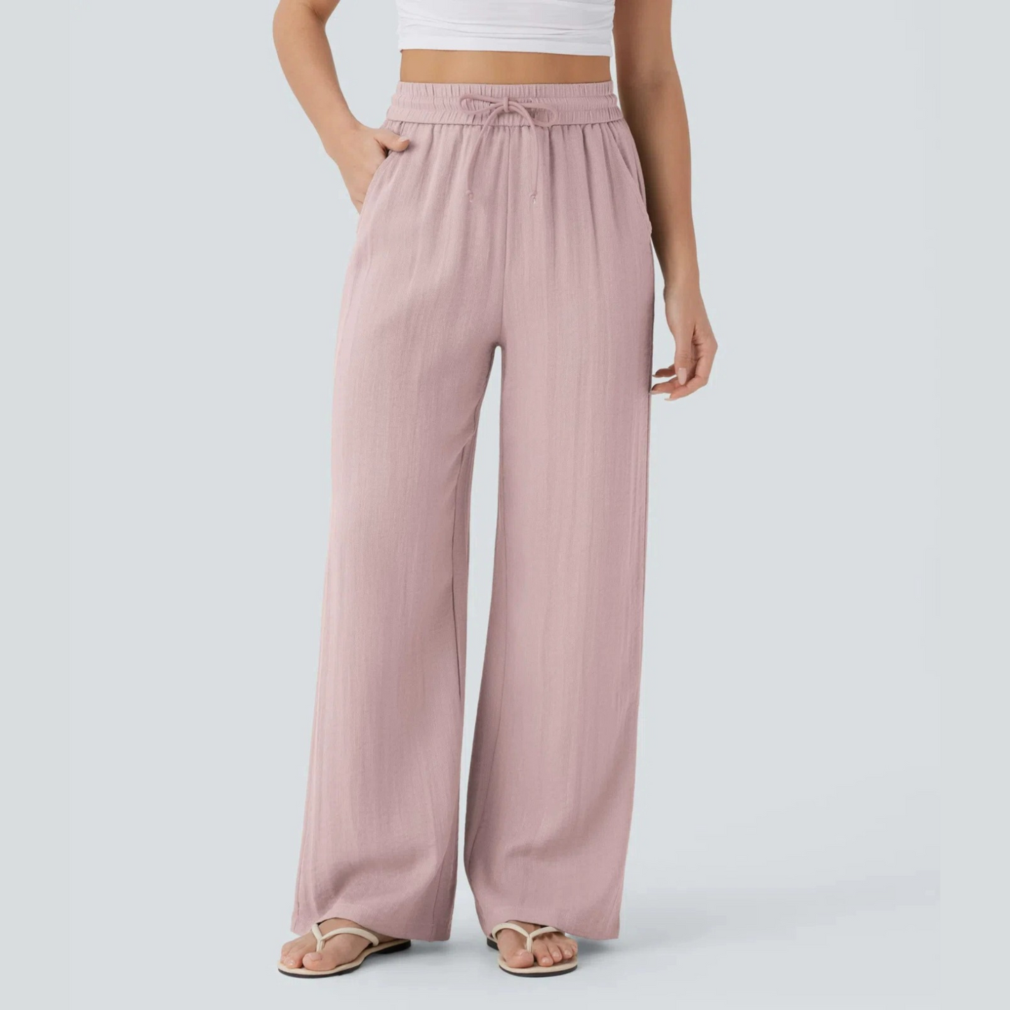 High Waisted Drawstring Wide-Leg Linen Pants