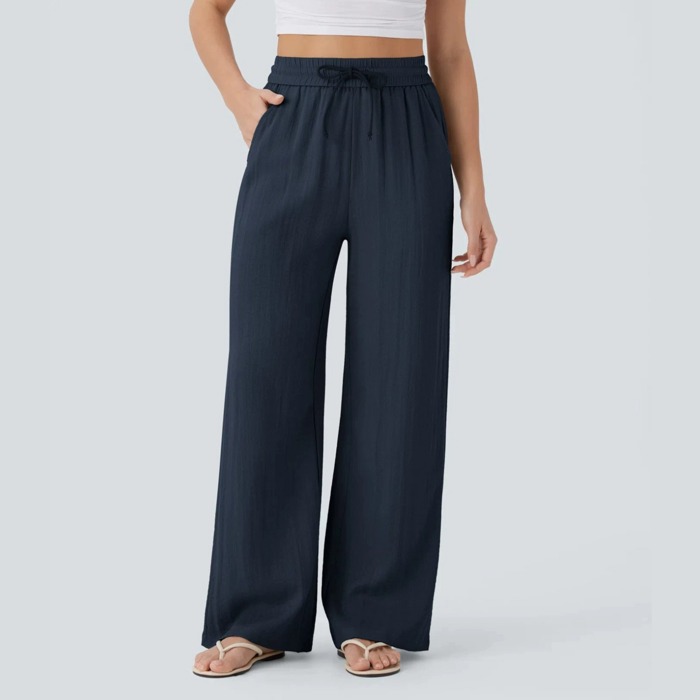 High Waisted Drawstring Wide-Leg Linen Pants