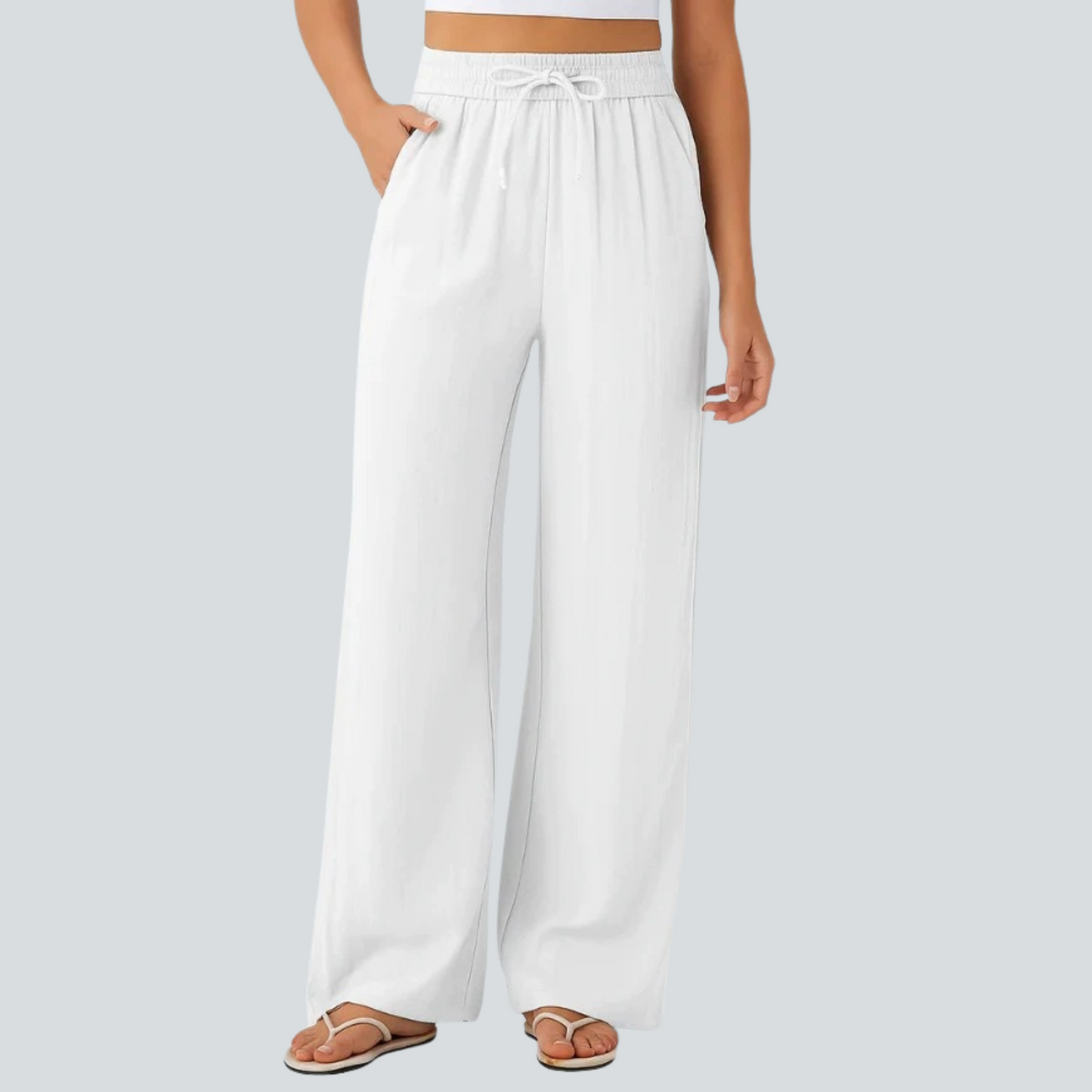 High Waisted Drawstring Wide-Leg Linen Pants