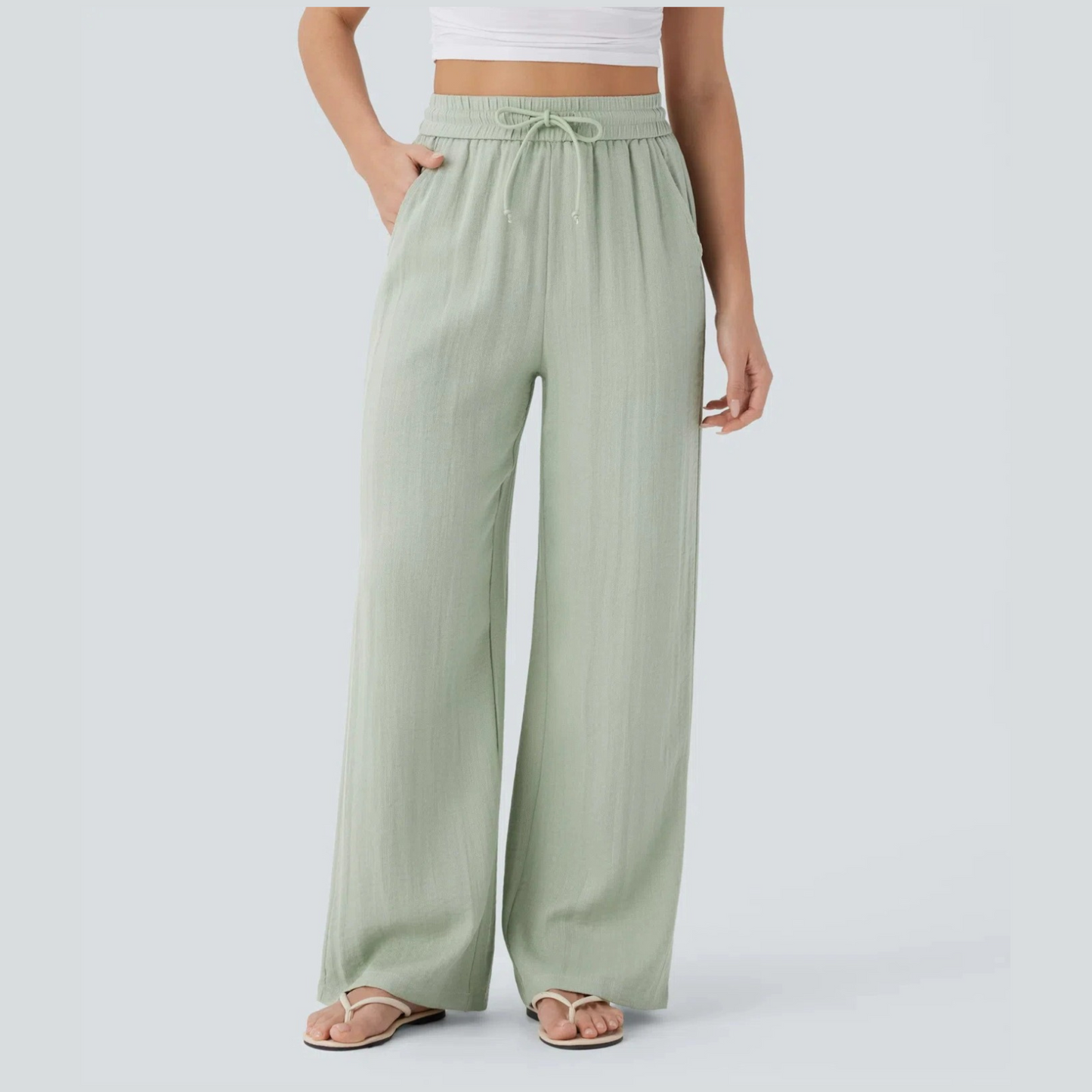 High Waisted Drawstring Wide-Leg Linen Pants