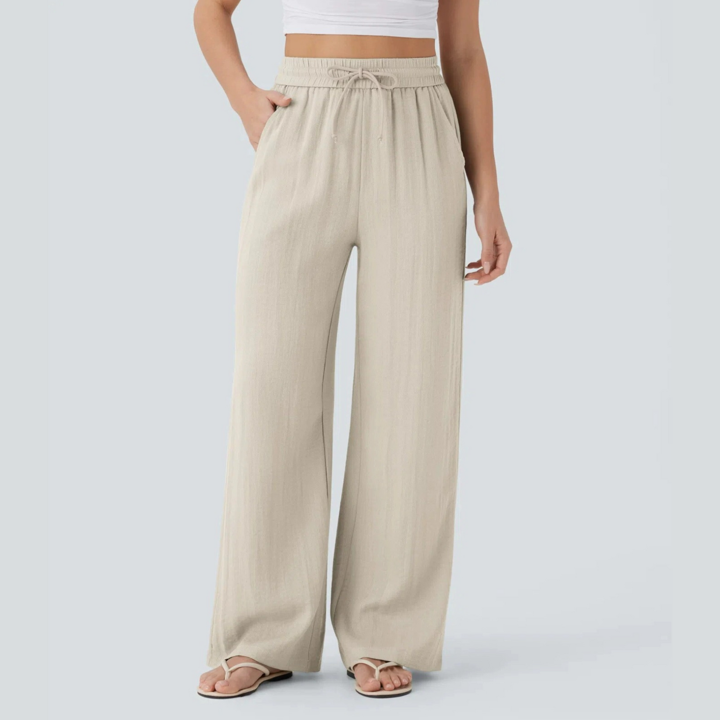 High Waisted Drawstring Wide-Leg Linen Pants